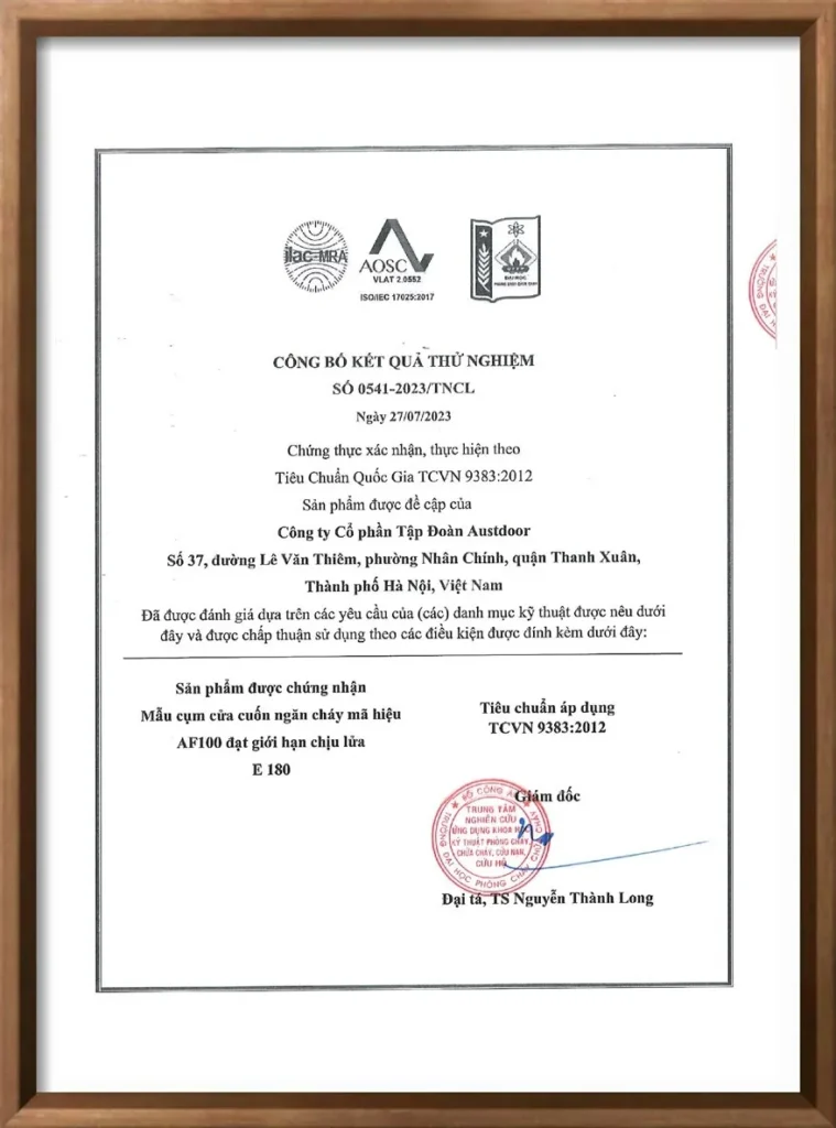 CHỨNG NHẬN GIỚI HẠN CHỊU LỬA CỬA AF100- E 180